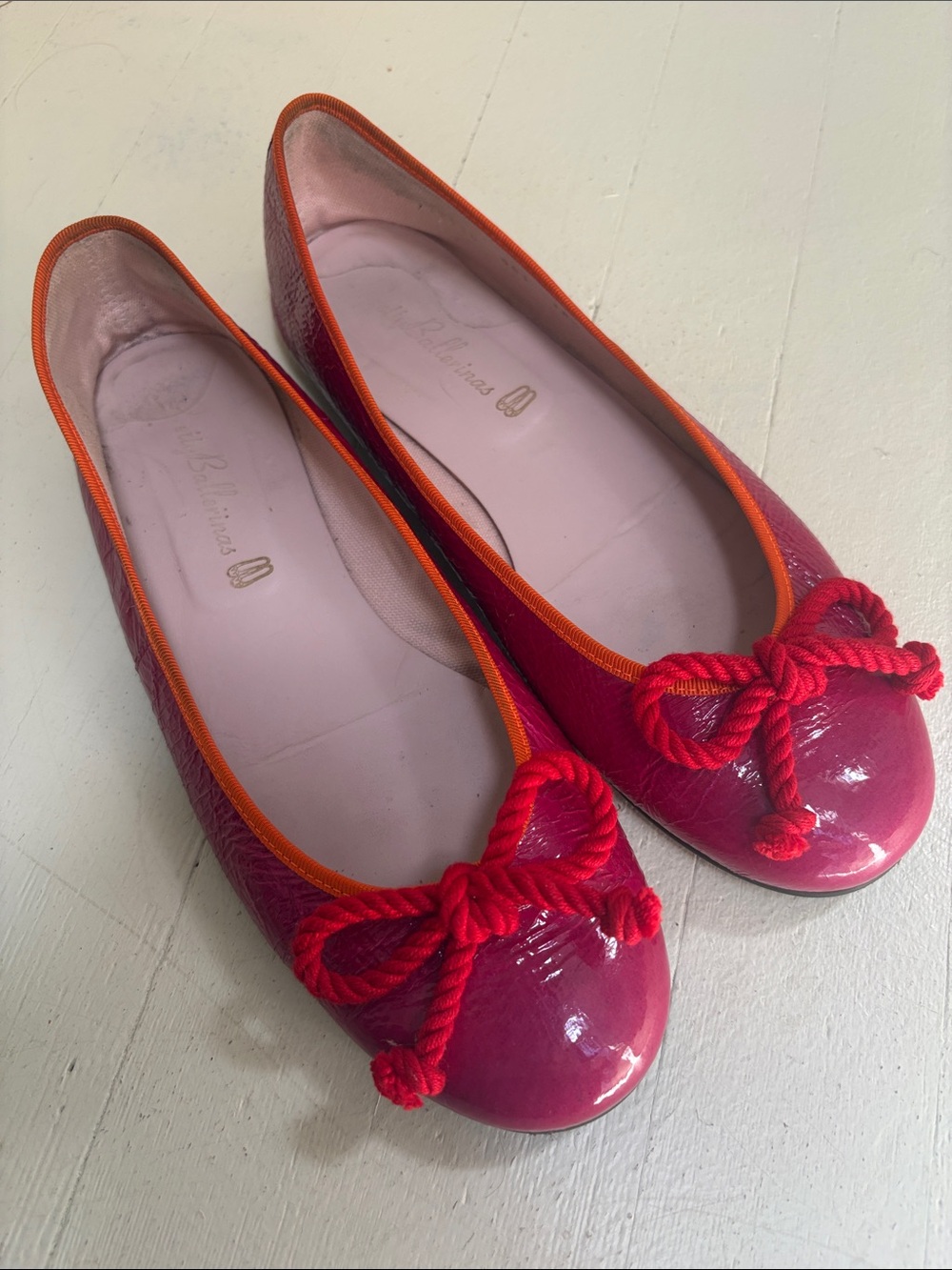 Pretty Ballerina 38.5 Patent Leather Pink Ballet Flats - Orange Trim + Red Bow